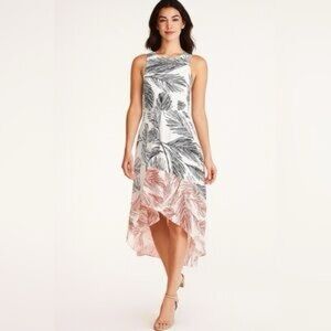 Vince Camuto Leaf Print Dress High Low Hem White Black Red Palm Tree Summer Maxi